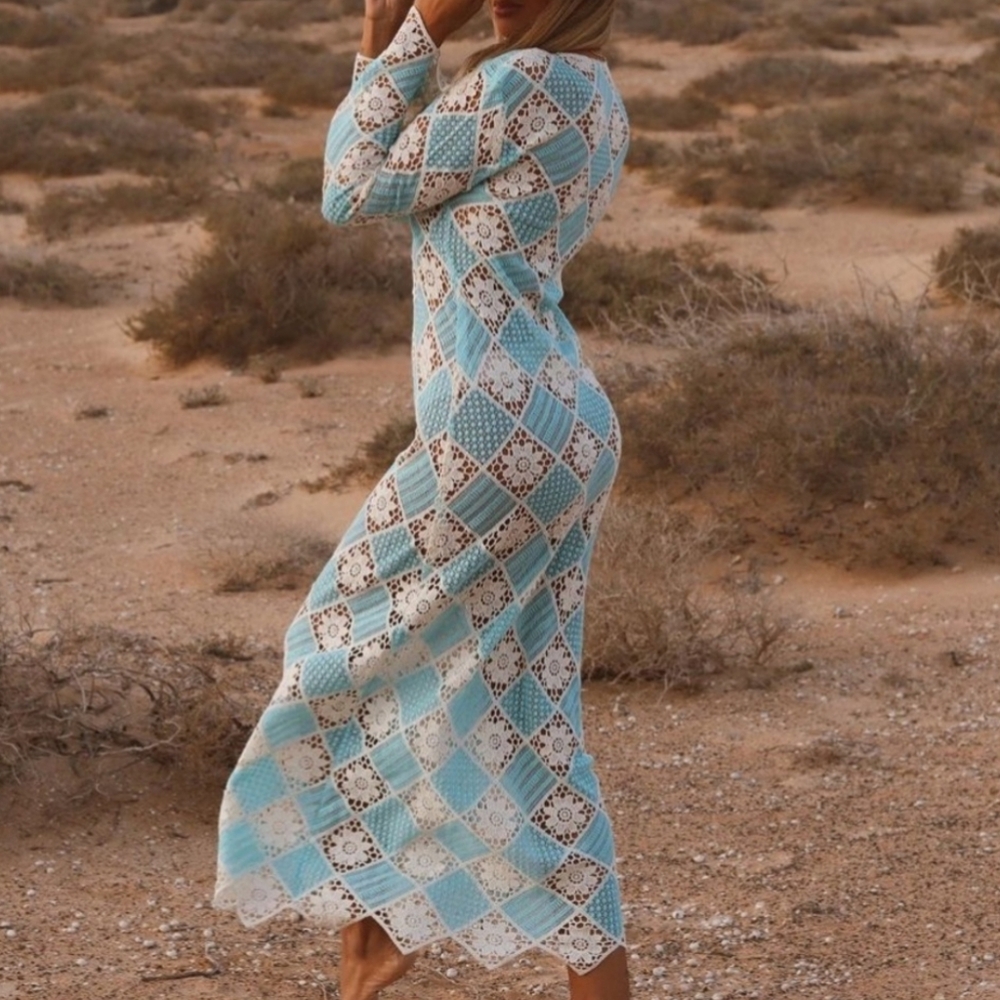 Zara Long Sleeve Crochet Maxi Dress in Light Blue and White Patchwork